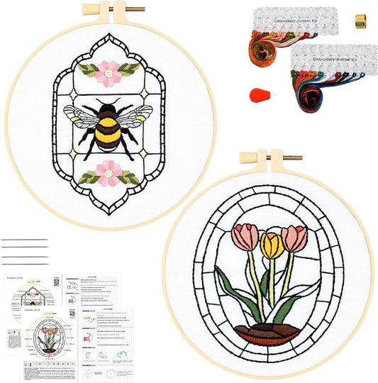 Armindou Flowers Bee Embroidery Kits for Beginners Adults, Floral Hand Embroidery Set Needlepoint DIY Kits, Stamped Cross Stitch Kits for Beginners Adults, 2 Embroidery Hoops (Attached Video Tutorial)