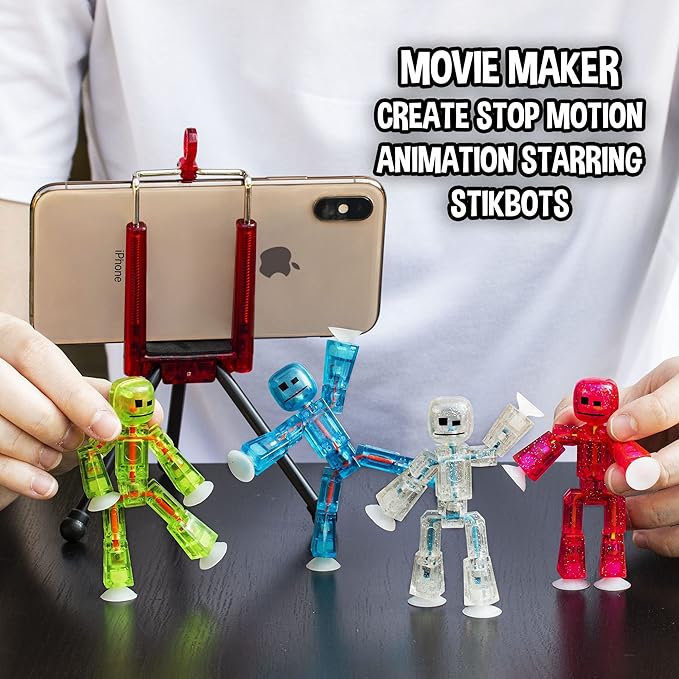 StikBot Zing, Set of 8 Clear Collectable Action Figures and Mobile Phone Tripod, Create Stop Motion Animation, Great for Kids Ages 4 and Up