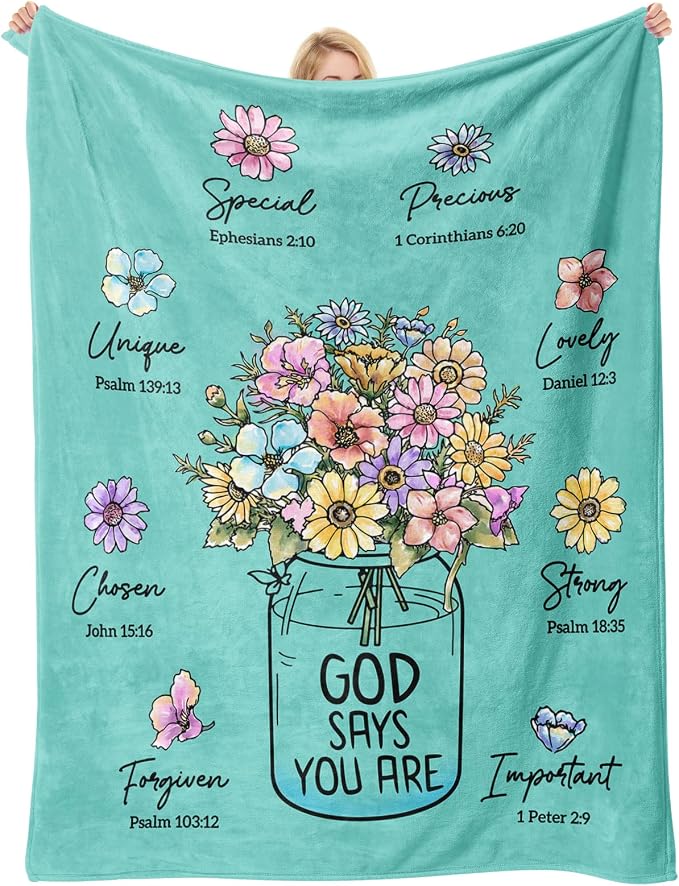 Christian Gifts for Women, Aqua Christian Blanket with Flowers 80''x 60'' | Birthday Gifts for Women, Spiritual Baptism Religious Gifts for Sister Mom Daughter Girls Wife, Soft Throw Blankets