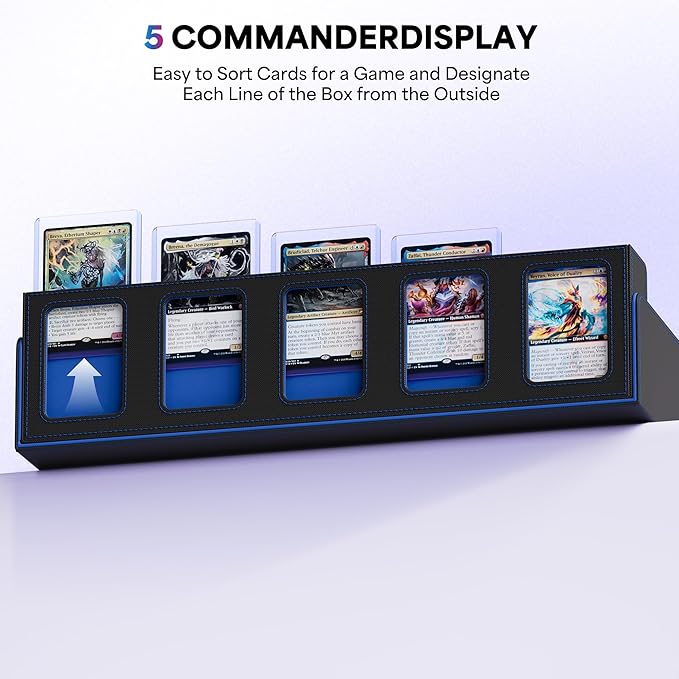 UAONO Trading Card Storage Box with Commander Display;3900+ Card Box for MTG, Removable Cover; 5 Row Case fits MTG TCG Sports Cards 48 Dividers,5 Stoppers,5 Top Loaders,1 Dice Box(Black, Blue)