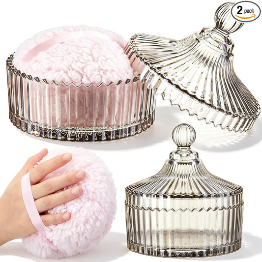 Tioncy 2 Pcs Extra Large Dusting Powder Puff and Container for Women-6'' Glass Crystal Dusting Powder Container Soft Washable Reusable Velour Face (Tawny,Classic)