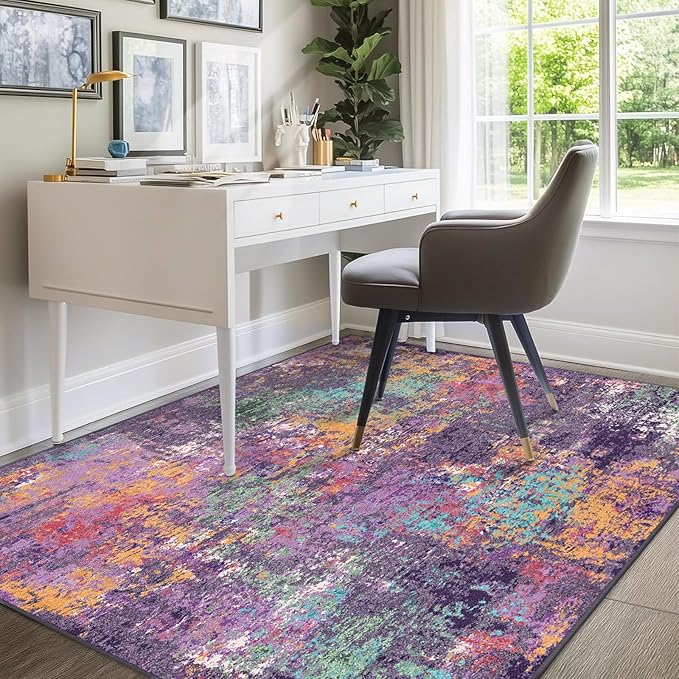RELEANY Washable 7'x9' Abstract Area Rug for Living Room Purple Multi | carpet for bedroom, kitchen, office, hallway and entryway, printed pattern, non-slip, soft, stain-resistant, easy to clean