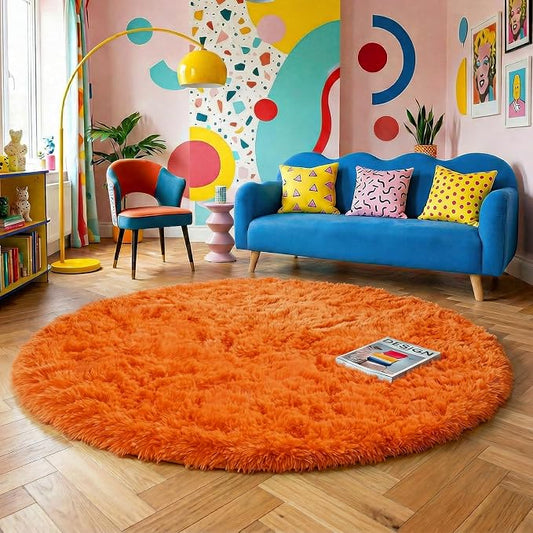 Amdrebio Orange Round Circle Rug 4Ft for Bedroom Living Room, Fluffy Fuzzy Area Rugs for Kids Room Decor Aesthetic, Cute Furry Plush Shag Carpet for Toddler Teen Girls Boys Baby Nursery Dorm Playroom