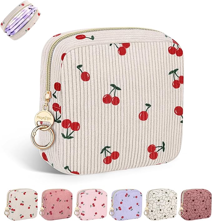 Cute Period Bag for Teen Girls, Corduroy Sanitary Napkin Storage Bag, Menstrual Pad Pouch Tampon Holder for Purse (Cherry-Beige)