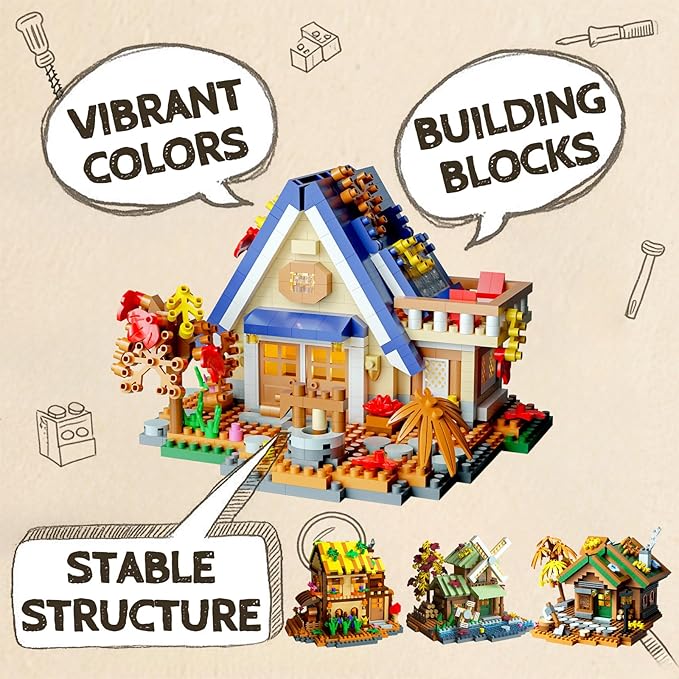 4 Styles Forest Flowers Wood Frame Cabin Mini Micro Building Blocks Set - Exquisite Cottage Construction Toys, Fun DIY Project for Adults & Kids, Premium Gift for Block Enthusiasts