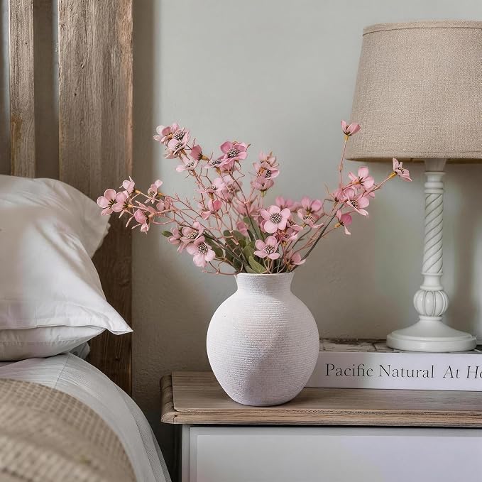 Ceramic Flower Vase Home Decor, 6 in Farmhouse Table White Vases Rustic Vintage Living Room Kitchen Bedroom Decorations Pottery Decorative Vases for House Shelf Office Coffee Desk Dining Fireplace