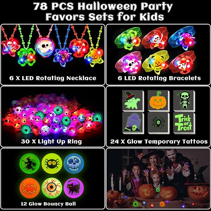 78 Pcs Halloween Party Favors, Halloween Toys Gifts for Kids, LED Rotating Bracelets Necklaces Light Up Rings Glow In The Dark Bouncy Balls Temporary Tattoos for Halloween Party Decorations Supplies