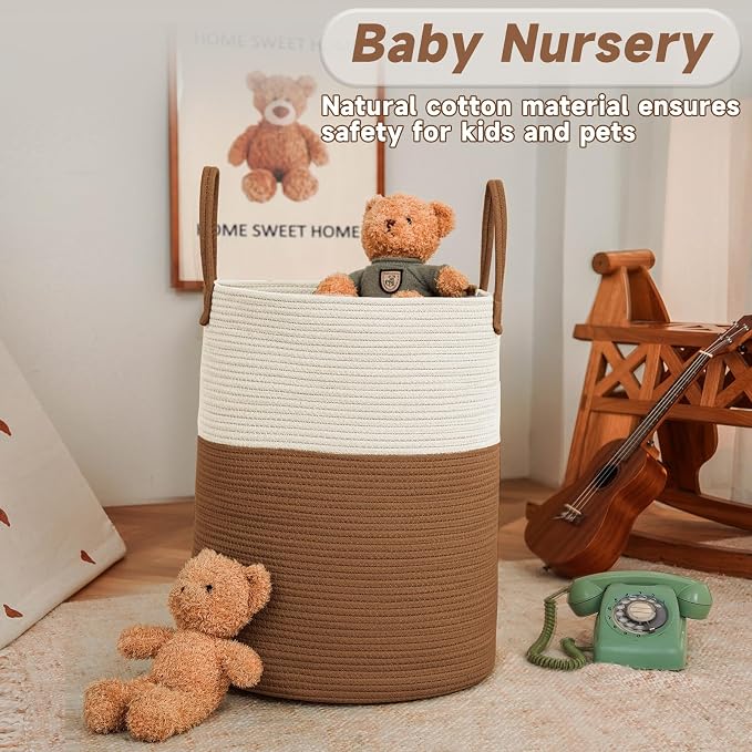 JMvicyroam 80L Cotton Rope Laundry Basket Hamper, White and Brown | Collapsible laundry basket, reinforced handles, freestanding, machine washable, holds 3-5 thick blankets, clothes or toys