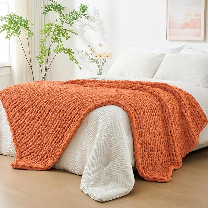 Bigacogo Chunky Knit Throw Blanket for Couch, 40x80 inches, Terracotta | Hand Knit with Jumbo Chenille, Soft Breathable Cable Knit for Sofa Bed Living Room, Machine Washable, Gift for Mom Friend