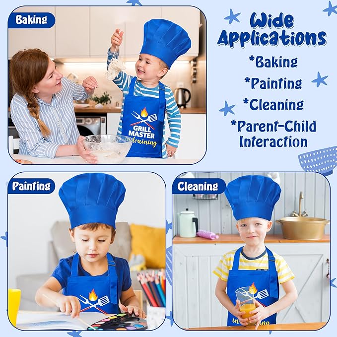 R HORSE Kid Apron and Chef Hat Set 2Pcs Adjustable Children Dark Blue Kitchen Apron, Dress up Role Play Chef Toy Cooking Baking Painting and Training Kits Kid Funny Cooking Birthday Gift for Kids