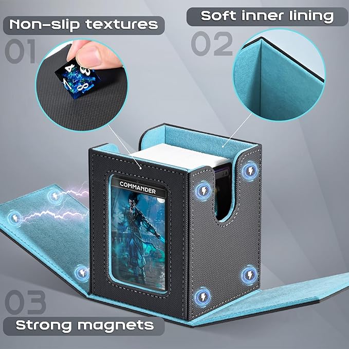 ZLCA MTG Deck Box with Commander Window Display, Trading Card Storage Box Holds 100 Double-Sleeved Cards Suitable for TCG/CCG/PTCG/EDH/Magic/Sport Cards (Grey&Blue)