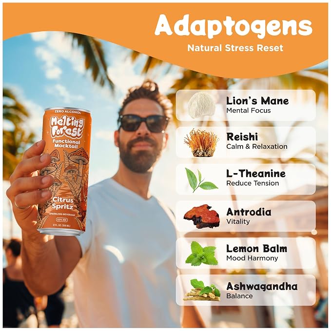 Melting Forest Functional Mocktail Citrus Spritz – Alcohol-Free, Euphoric Adaptogen Drink with Reishi, Antrodia, Lion’s Mane, Ashwagandha – 10 Calories, Vegan, Gluten-Free (4 Pack)