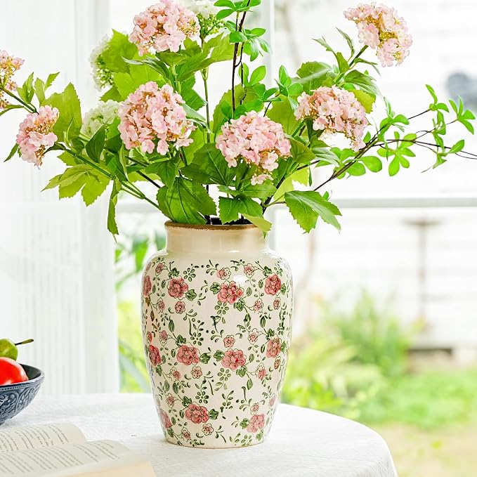 Sungmor Ceramic Flower Vase, Vintage Pink Ice Cracked Glaze Porcelain Vase | Pretty Home Decor Vase for Flower Arrangement, Fresh Flowers, 10.2 Inch Tall Chinoiserie Pottery Vase, Green Floral Pattern