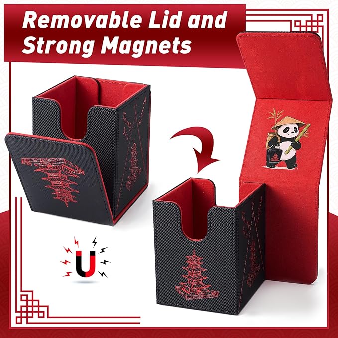 Venssu Chinese Takeout MTG Deck Box, Commander Deck Case Fits 100 Double Sleeved Cards, PU Leather Storage Box with 2 Dividers, Compatible with TCG/PTCG/EDH/Magic/Sport Cards (Black and Red)