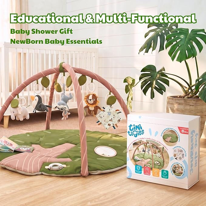 Baby Play Gym and Activity Mat for Newborn 0-6-12 Months | Extra Large Tummy Time Mat with 8 Removable Sensory Toys | Infant Play Mat for Boys & Girls | Jungle Safari Nursery Decor – 35" x 37"