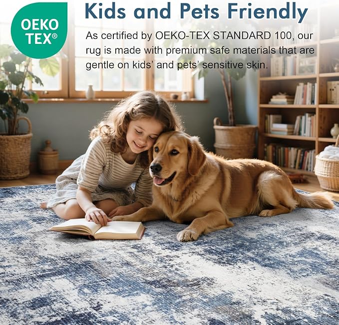 9x12 Ft Extra Large Washable Area Rugs for Living Room, Soft Non-Slip Modern Abstract Pattern Carpet for Bedroom Indoor Floor Nursery Home Decor (Blue)