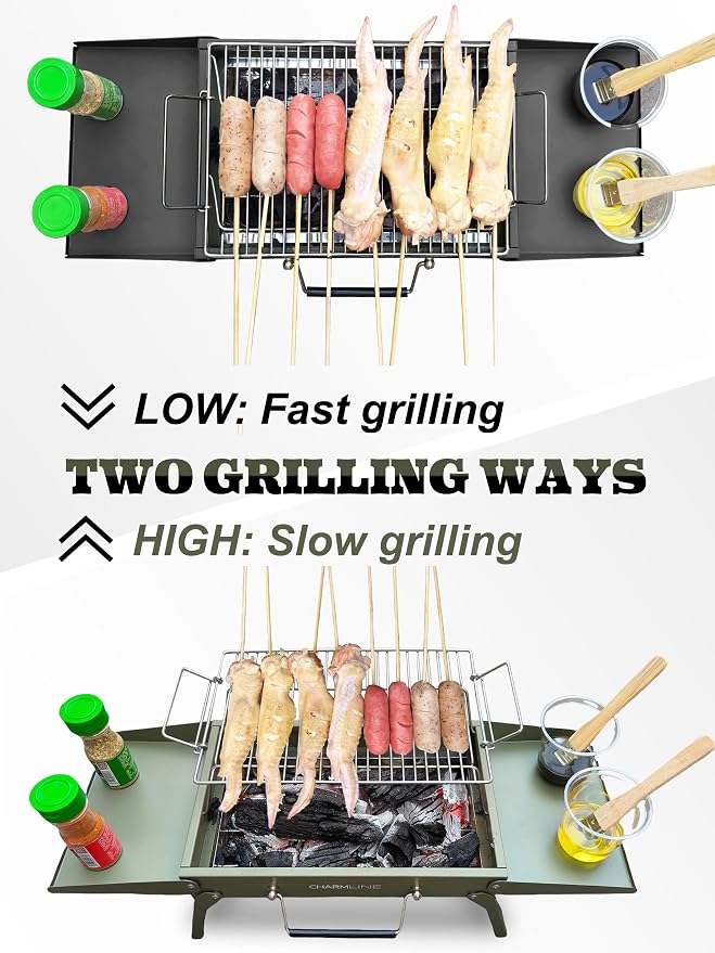 Charmline 15x11 inches Portable Charcoal Grill, Compact Portable BBQ Grill, Tabletop Charcoal Grills for Camping, Picnics, Gardens and Beach Parties, Black