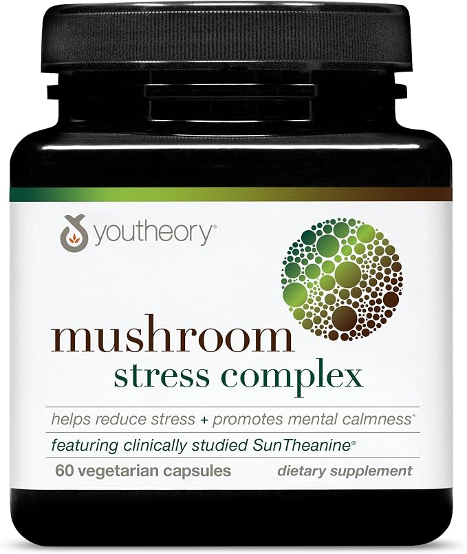 Youtheory Mushroom Stress Complex - 60 Vegetarian Capsules (20 Day Supply) - Organic Full-Spectrum Mushroom Blend with L-Theanine - Supports Immune System & Gut Health*- Supports Mental Calmness*