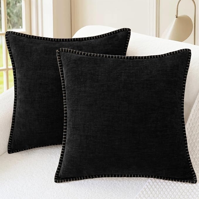 CaliTime Decorative Couch Throw Pillow Covers 16 X 16 Inches Black | Pack of 2, Cozy Chenille Cushion Cases, Cotton Thread Stitching Edges, for Sofa Bed Living Room Farmhouse