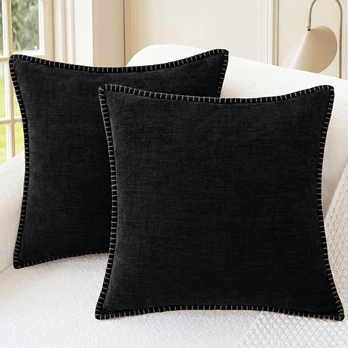 CaliTime Decorative Couch Throw Pillow Covers 24 X 24 Inches Black | Pack of 2, Cozy Chenille Cushion Cases, Cotton Thread Stitching Edges, for Sofa Bed Living Room Farmhouse