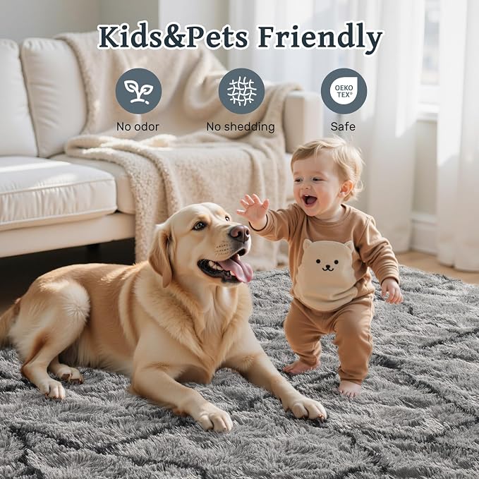 Triangle 5x7 ft Fuzzy Rug for Living Room,Black Bedroom Area Rugs Non-Slip,Carpet for Nursery Kids PlayRoom Indoor Modern Plush Carpets
