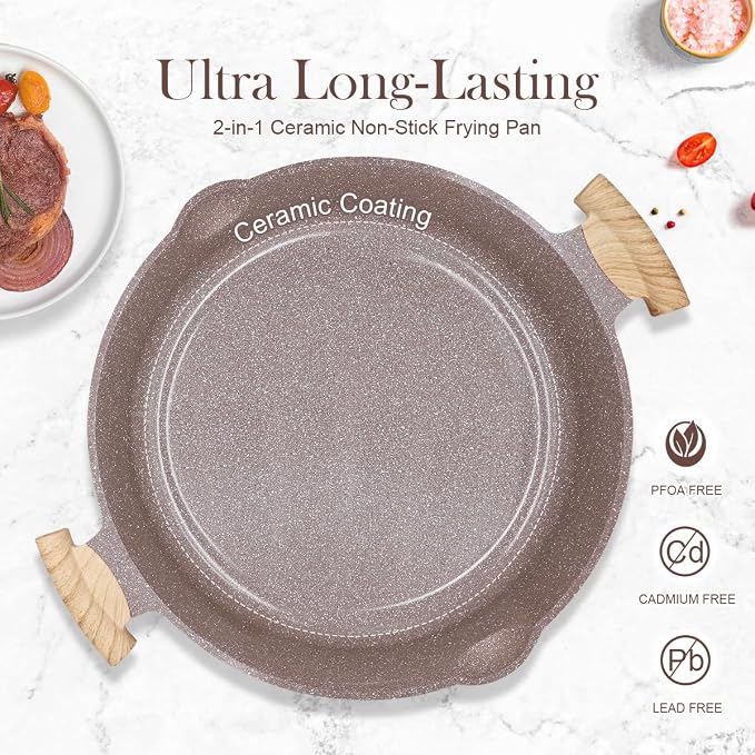 AIKENBBKK Ceramic Frying Pan with Lid, 14 Inch Saute Pan, Non Stick Frying Pans, 2-In-1 Large Cooking Pan, Nonstick Skillet, Compatible with All Stoves, PTFE & PFOA Free, Brown