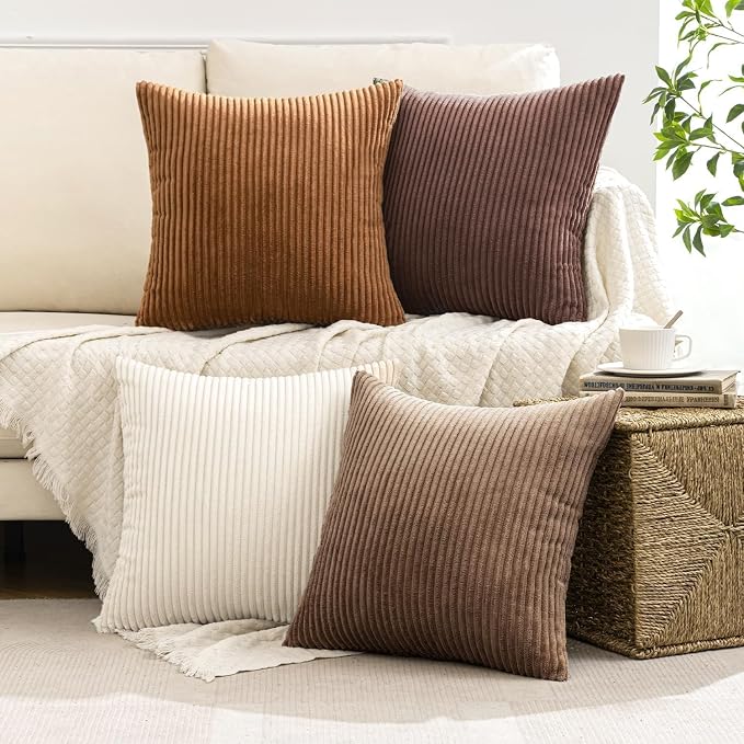 MIULEE Fall Corduroy Decorative Throw Pillow Covers Brown Series 24x24 | Set of 4, Mordern Rustic Fall Decor, Layered Brown Collection, Boho Farmhouse Cushion Covers for Couch Bed Sofa Living Room