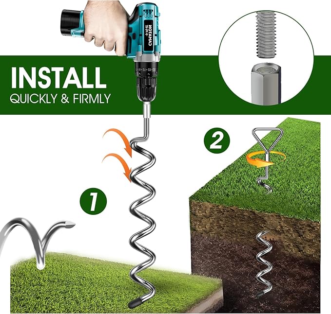 Trampoline Stakes Ground Anchors Screw in, Trampoline Anchors with Strong Straps, Spiral Earth Swing Set Anchor Heavy Duty for Trampolines(Silver-4Pack)