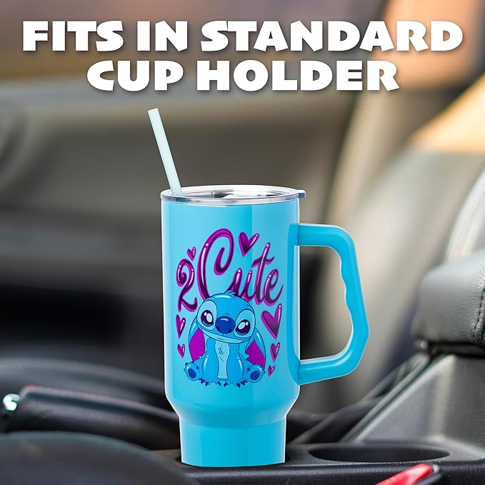 Silver Buffalo Disney Lilo and Stitch “2 Cute” Double Walled Stainless Steel Tumbler with Handle, Fits in Standard Cup Holder, 40 Ounces
