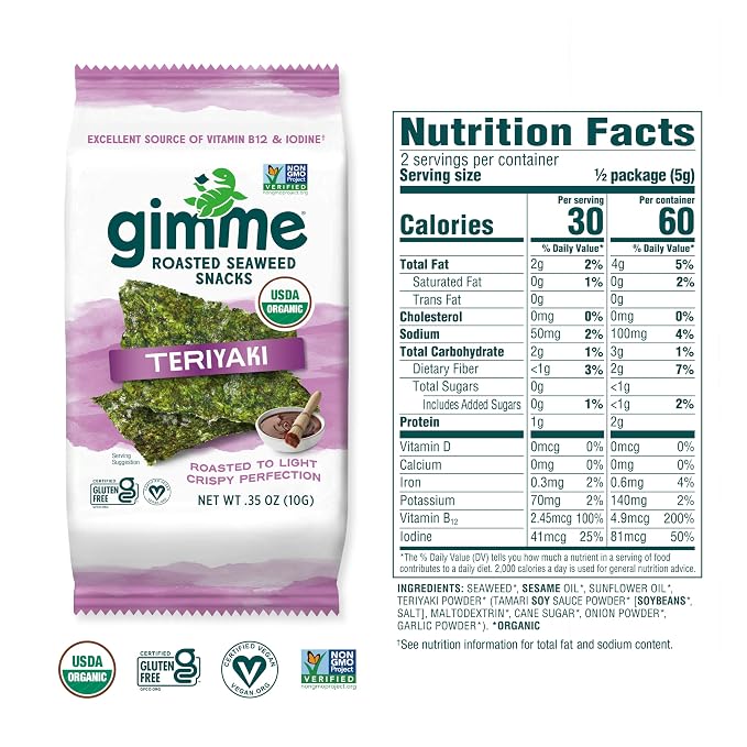 Gimme Seaweed Organic Premium Roasted Seaweed Snacks, Teriyaki, 12 Count Sharing Size, Keto, Vegan, Gluten-Free, Great Source of Omega3s and Iodine, Healthy On-The-Go Snack for Kids and Adults