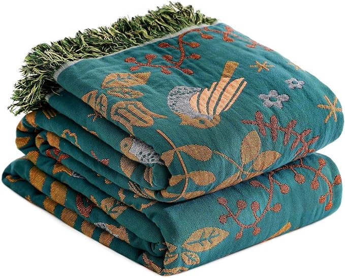LUTBM Boho Throw Blanket for Bed 60"x80", 100% Cotton Cozy Couch Blankets | Reversible Floral Birds Jacquard Summer Quilt, All-Season, For Chair Sofa Living Room, Lightweight Breathable, Home Decor
