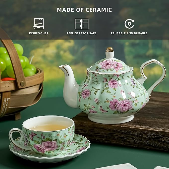 Agyiuns Flower Ceramic Teapot,22oz Porcelain Tea pot for Tea Coffee Milk for Office Home Men Women as Gift (Green)