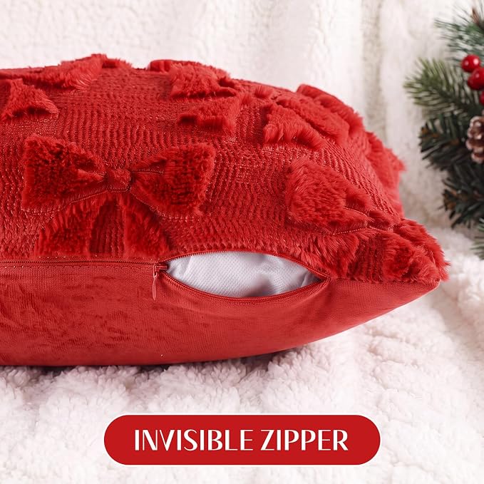 Mixweer Red Bow Pillow Covers Set of 2 Preppy Room Decor Coquette Cute Spring Summer Decorative Faux Fur Soft Bowknot Stuff Fluffy Plush Aesthetic Pillowcase for Bed Sofa Couch (12 x 20 Inch)