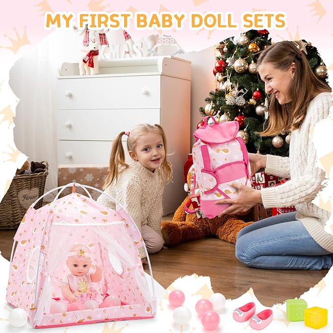 deAO Baby Doll Playset 12 Inch Baby Doll wirh Clothe and Accessories Baby Doll Carrier Storage Bag Balls Tent Toys, Pretend Play Birthday Gift for Kids Girls Boys, Collection