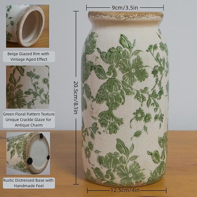 Vintage Green Floral Ceramic Vase, 8 Inch Crackle Glaze Rustic Handmade Vase, Decorative Pottery for Fresh or Dried Flowers, Farmhouse Cottage Modern Rustic Decor