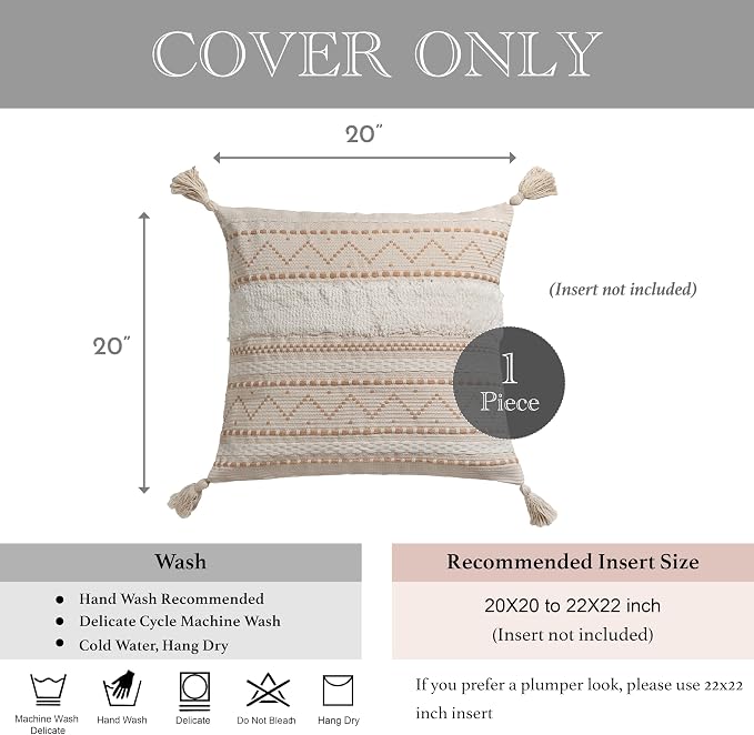 20X20 Throw Pillow Cover, Cream Neutral Beige Square Decorative Cushion Cover, Boho Accent Pillowcase with Tufted Details and Tassels for Couch Sofa Living Room (Cover Only)