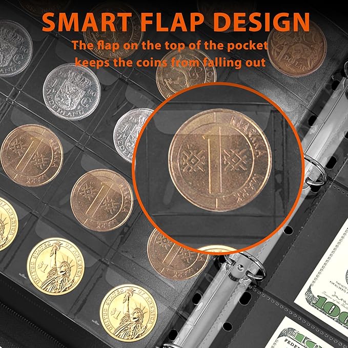 Coin Collection Book Album Holder for Collectors, 400 Pockets Fireproof Coin Collection Book & 36 Paper Money Organizer Binder for Coin Currency Collection Supplies,Bill,Pennies,Badges,Tokens