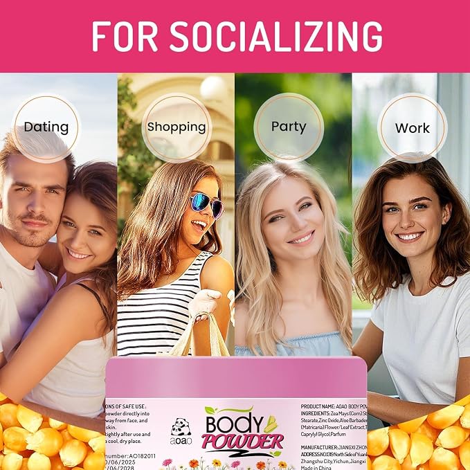 AOAO Women's Talc-Free Body Powder, Absorb Sweat & Anti-Chafe Dusting Powder for Sensitive Skin, Help Reduce Post-Shower Dampness, Natural Feminine Powder for Deodorizing Whole Body, 5oz-2pack