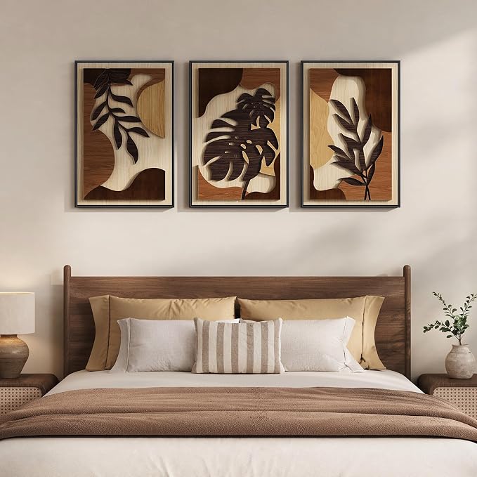 Framed Wood 3D Boho Textured Wall Art Bedroom, 3 Piece Tropical Botanical Carved Wooden Artwork for Walls, Brown Monstera Leaf Wood Wall Art Decor for Living Room Dining Room Home Office, 16x24 Inch