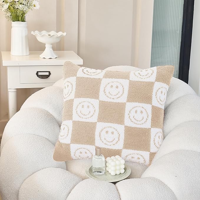 Pack of 2 Ultra Soft Cozy Happy Smiling Face Checkered Knitted Throw Pillow Cover Fluffy Microfiber pillocase Decorative for Sofa Bed 18 Inches Both Sides (Cream)