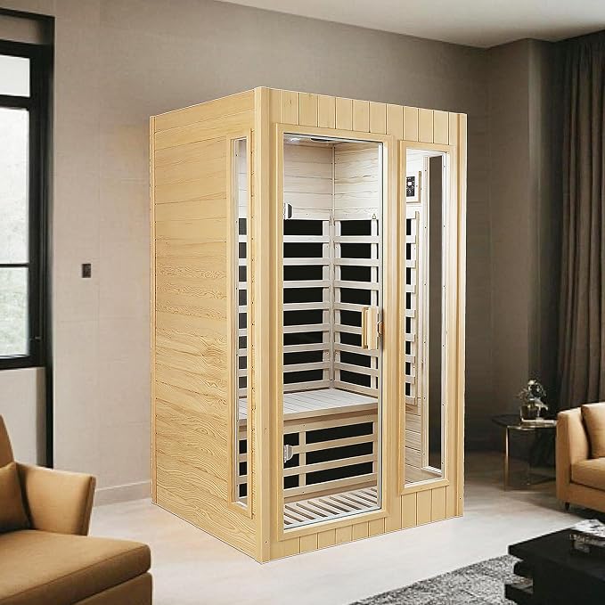 2 Person Sauna, Low EMF Far Infrared Sauna, 1500W Hemlock Wood Sauna Indoor Sauna Infrared Sauna for Home with Bluetooth Speakers, Reading Lamps, Tempered Glass
