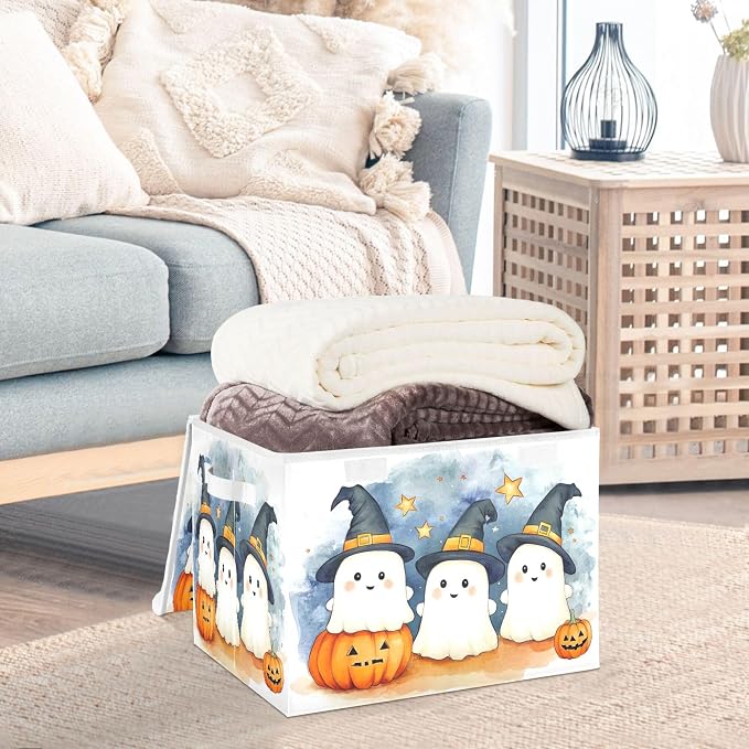 Cute Cartoon Ghosts Storage Bins with Lids and Carrying Handle,Foldable Storage Boxes Organizer Containers Baskets Cube with Cover for Home Bedroom Closet Office