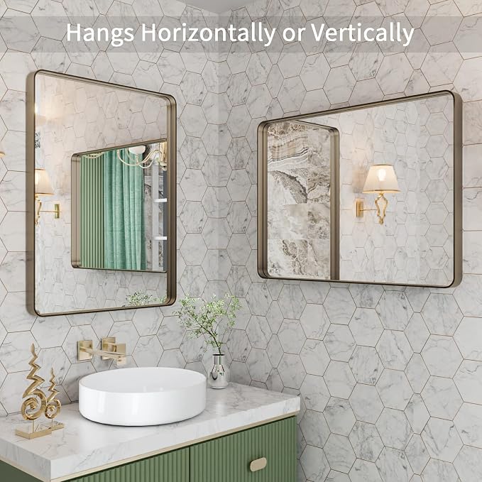 LOAAO 20"X30" Bronze Bathroom Mirror for Vanity | Rounded Rectangle, Brushed Bronze Metal Frame, Anti-Rust, Hangs Horizontally or Vertically