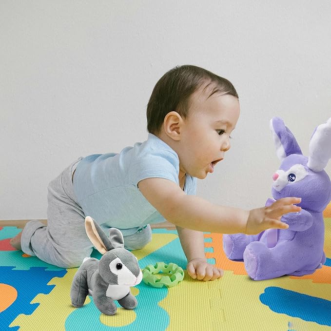 Dimple Bunny Set - Bella Animated Interactive Purple Bunny with Peek-a-Boo Feature and Singing Songs Plus Super-Soft Grey Baby Rabbit Plush - Perfect Baby Plush Toy Gift for Ages 0 and Up
