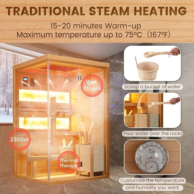 Traditional Steam Sauna,2-4 Person Luxurious Indoor Sauna with 2300W Stove Heater,Wood Sauna Room with 2 Himalayan Salt Bricks,7-Color Dynamic Abysm Sky Lights,220V,Bluetooth Speaker