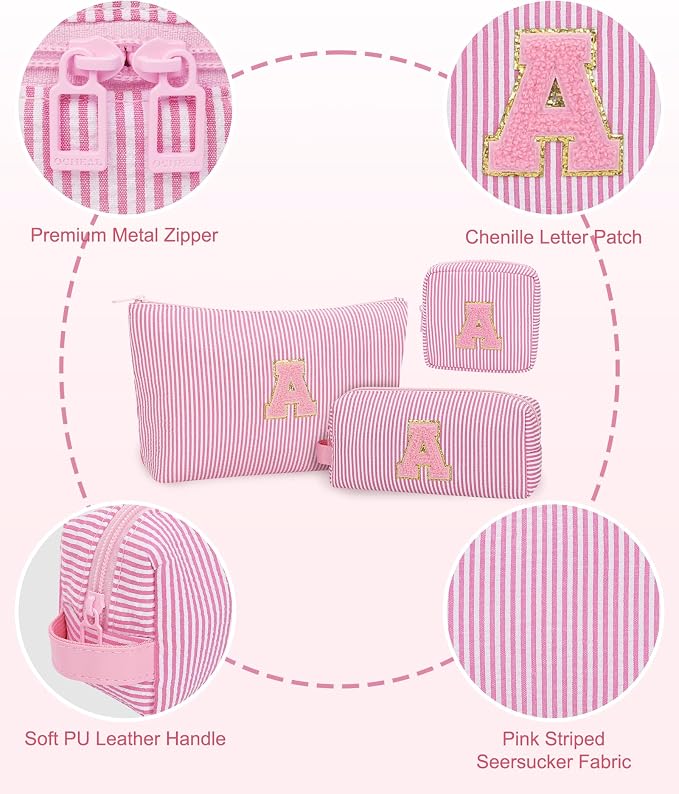 MONSTINA Personalized Initial Makeup Bag for Women,Monogram Make Up Case for Girlfriend Bridesmaid Wife,Birthday Gift for Her Cute Toiletry Bag,3PCS,Pink I