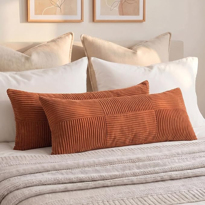 Fancy Homi Set of 2 Rust Boho Long Lumbar Body Decorative Throw Pillow Cover 14x36 Inch for Bed Couch Bedroom Bench, Soft Patchwork Corduroy Textured Pillow Case, Rustic Farmhouse Room Décor