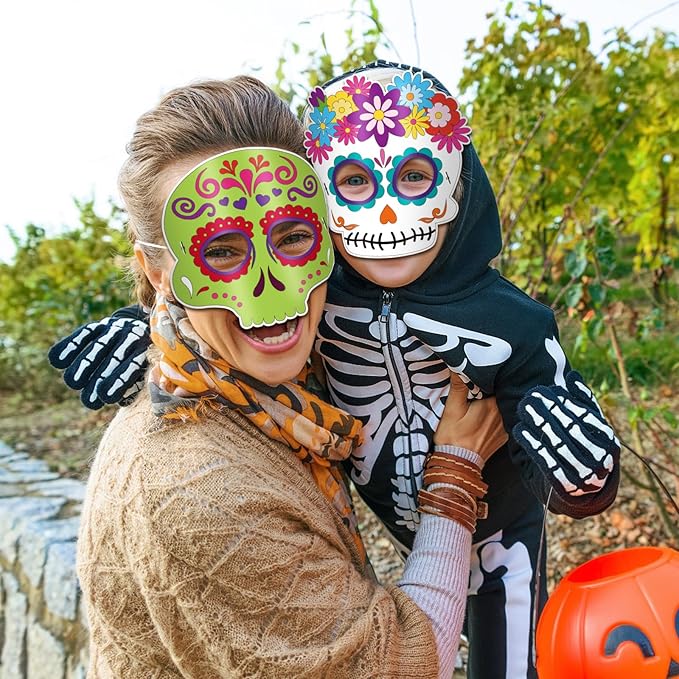 24 Pcs Day of The Dead Crafts for Kids DIY Halloween Mask Crafts Color Your Own Skull Masks Dia de Los Muertos Party Games for Boys Girls Toys Cosplay Dress Up