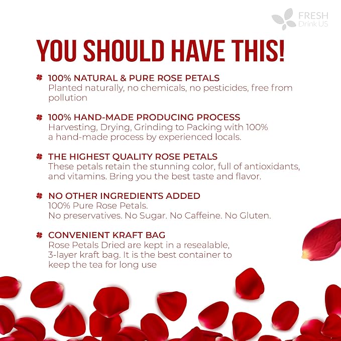 FreshDrinkUS, Premium 16oz Dried Rose Petals, 100% Natural & Pure, Herbal Tea, Daily Infusion Botanical, No Sugar, No Caffeine, No Gluten, Vegan. Rich in Antioxidants.