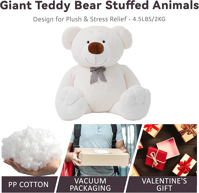 40 Inch Giant Teddy Bear Stuffed Animal, Big Teddy Bear Plush, Birthday Christmas Valentine's Gift for Girlfriend & Kids, White, 4.5 lbs